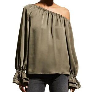 Ramy Brook Off One Shoulder Murphy Top Blouse Satin Ruffle Cuff Olive Sz XS